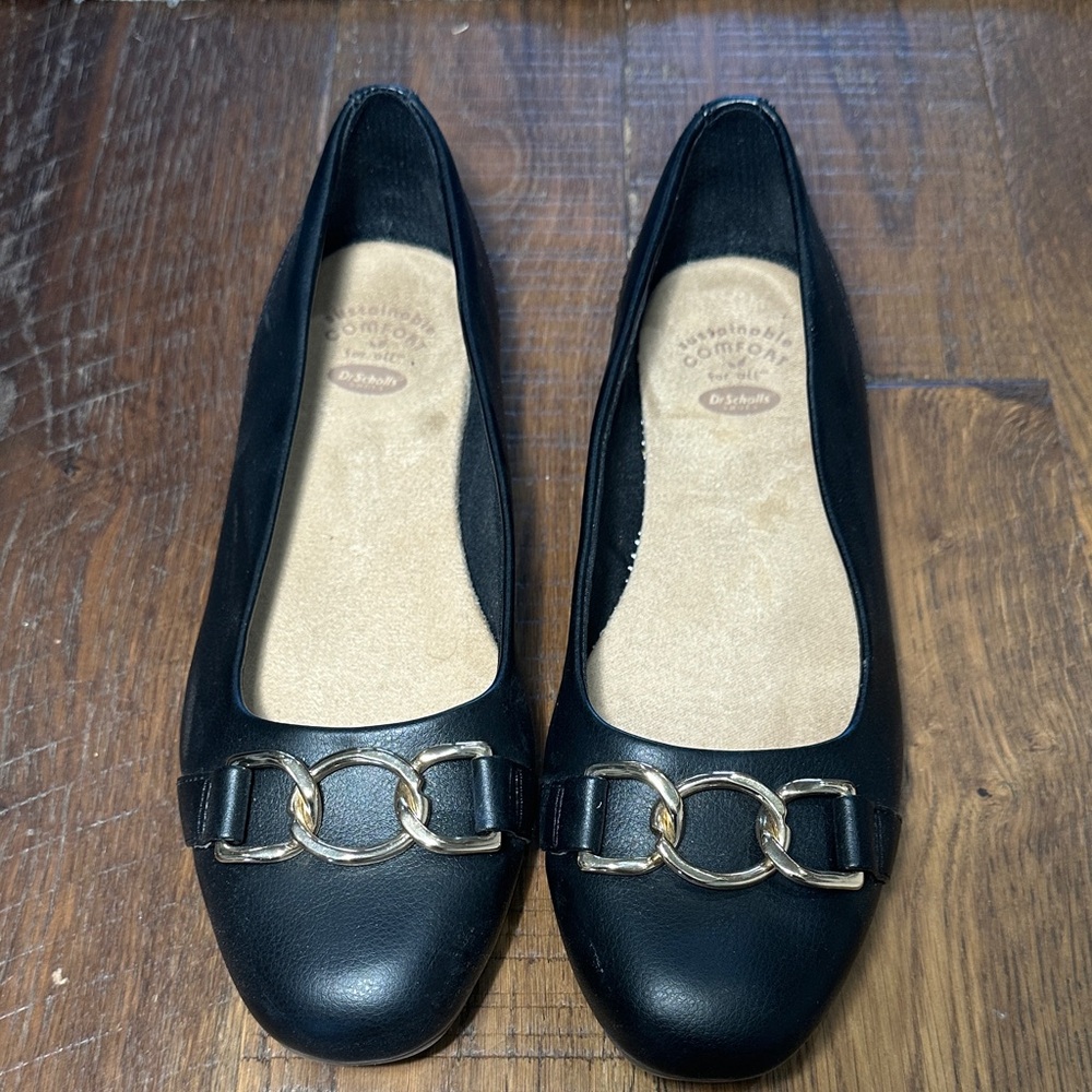 Dr. Scholl's Black Flats with Gold Buckle Accent